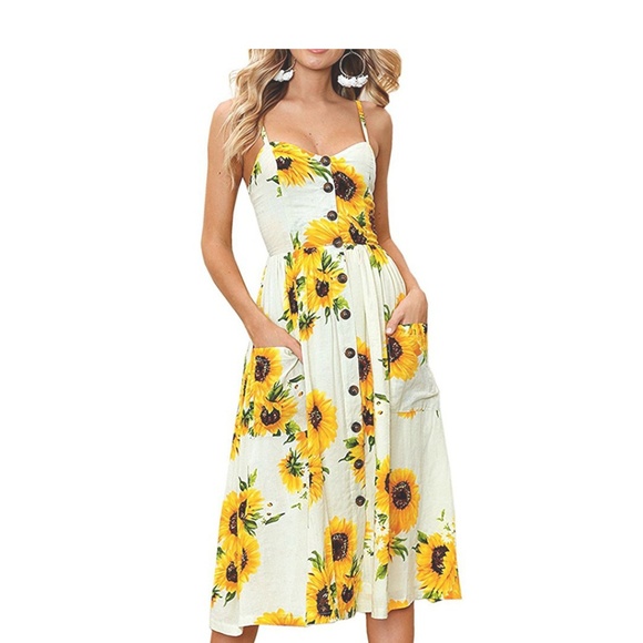 button sunflower print midi dress
